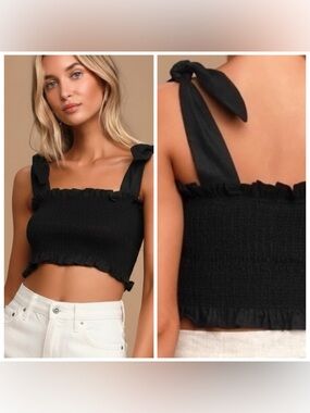 Capulet McKenna Black Smocked Crop Top Tie Strap Ruffle Boho Cottage Festival S